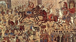 Lukisan pertempuran di dalam kota. Konstantinus terlihat menunggangi kuda putih. (Gambar: Theophilos Hatzimihail. 1932. Constantine Palaeologus the Emperor of the Greco-Romans Exits Fearless in the Battle 1453 Mei 1929.)